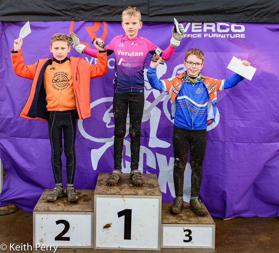 U10 Podium Alarik Knox VRM Merle Snelson Team MK Jake Bird Kettering CC PHOTO CREDIT KEITH PERRY 1